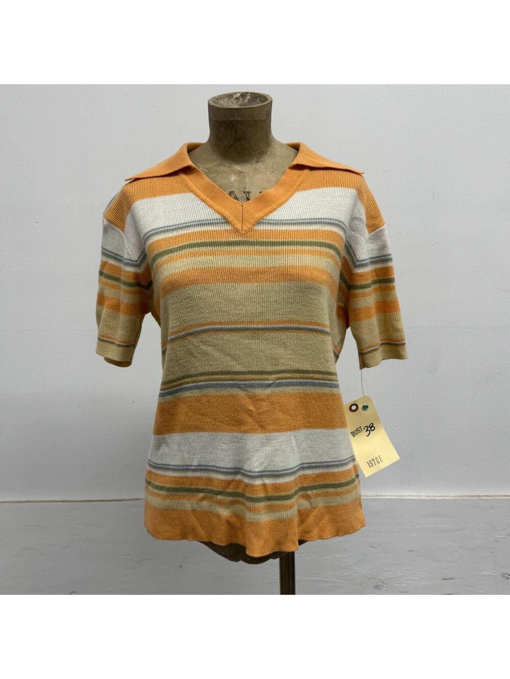 Vintage 1970s Elderado Retro Striped Knit V-Neck Polo Sweater Top